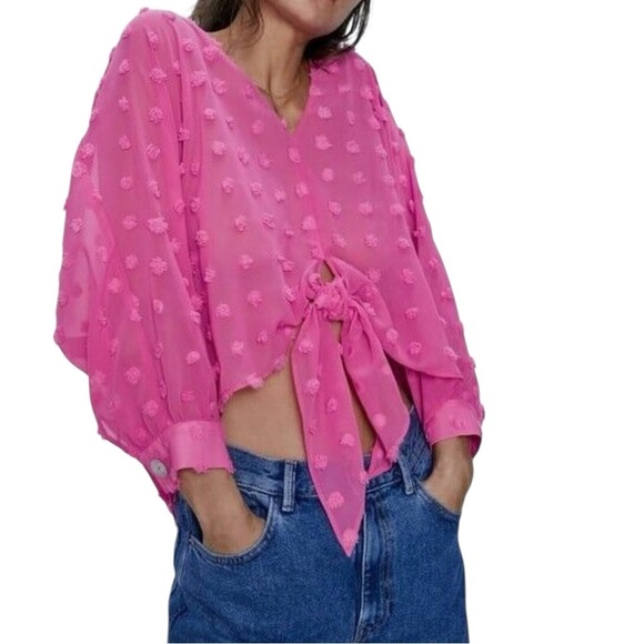 Zara Tops - Zara NWT Pink Sheer Textured Tie Front Blouse Beachy Boardwalk Cruise Vacation